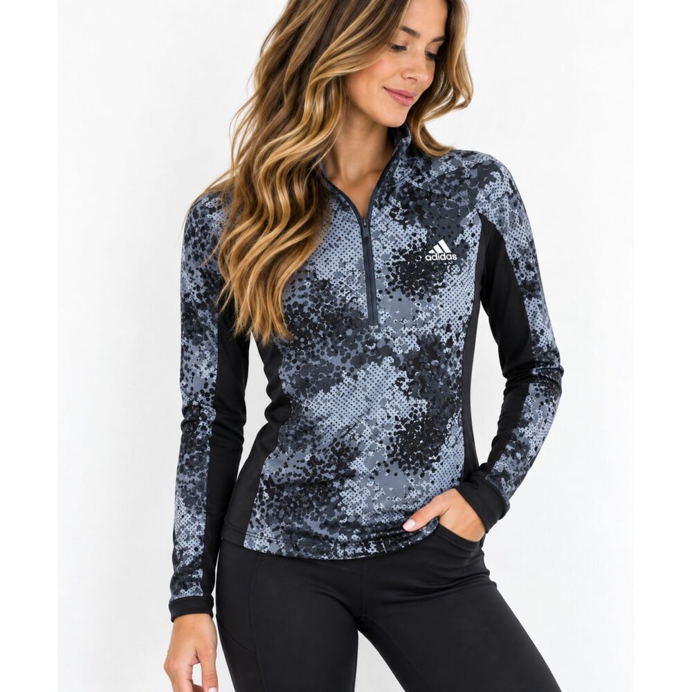 Adidas Gray Black Camo Quarter Zip Pullover Women’s M Athletic Performance Top